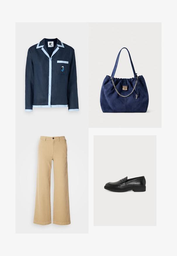 Navy-linned shirts med lyseblå krave og lommebånd. Har en brystlomme med et broderet design. Knaplukning ned foran.; Beige levelekk pants i bomullsblanding, med frontknappåpning, beltestropper og sømmer med hekling langs sømmene.; Musta nahkainen loafer, jossa matala korko ja ommellut yksityiskohdat, päällä remmi ja kohokuvioitu brändäys sivulla.; Laivaston sininen mokkanahkainen käsilaukku, jossa on ryhmitelty muotoilu, kaksinkertaiset kangaslenkit, hopeaketjut yksityiskohdat ja metallilukko avainnupilla.