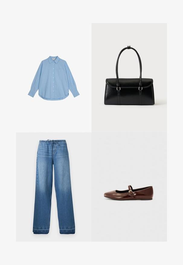 Lichtblauw overhemd met witte verticale strepen, lange mouwen, een losse fit en een borstzak. De stof lijkt glad en zacht.; Blauwe denim wijde broek met elastische tailleband en trekkoorden, met licht vervaagde plekken en gestikte zomen.; Bruine gepatineerde leren balletschoen met een vierkante neus en een bandje met een kleine gouden gesp. Gladde textuur, lage hak en minimalistisch ontwerp.; Zwarte leren rechthoekige handtas met klep en twee lange handvatten tegen een effen witte achtergrond.
