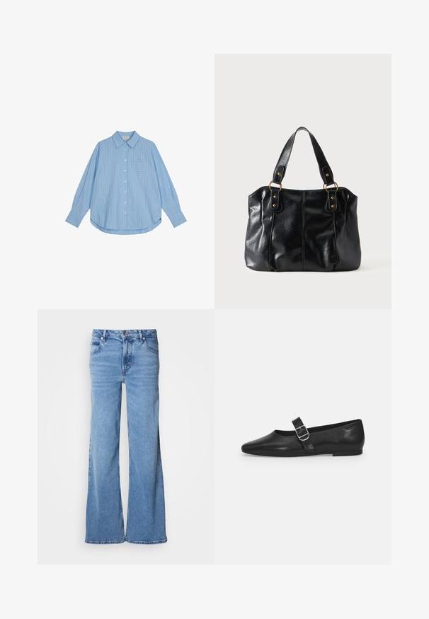 Camisa de botones azul claro con rayas verticales blancas, de mangas largas, un ajuste holgado y un bolsillo en el pecho. La tela parece suave y lisa.; Vaqueros de pierna ancha azul claro hechos de mezclilla. Presentan un diseño clásico de cinco bolsillos y una bragueta con botones visibles. Textura suave y acabado sin adornos.; Zapato plano de cuero negro con punta redondeada, una sola correa ajustable con hebilla y una textura suave y brillante. Diseño minimalista con un tacón bajo.; Bolso de cuero negro para el hombro con doble asa unida por anillas y remaches dorados, superficie lisa y ligeramente brillante, diseño sencillo.
