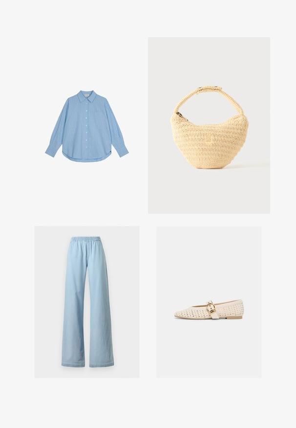 Lyseblå skjorte med lange ærmer, hvide lodrette striber, løs pasform og en brystlomme. Stoffet ser glat og blødt ud.; Lyseblå bukser med vide ben, elastisk talje og forlommer, vist mod en hvid baggrund.; Beige flad sko med spids tå, perforeret overdel og dekorativ guldfarvet spænde rem på siden.; Beige vævet håndtaske med afrundet krop, lynlås, og en kort, tyk strop i en enkel, tekstureret hæklestil.