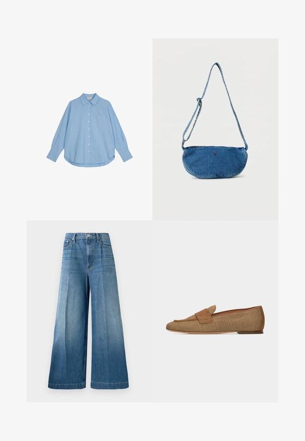 Lichtblauw overhemd met witte verticale strepen, lange mouwen, een losse fit en een borstzak. De stof lijkt glad en zacht.; Hoge taille, wijde spijkerbroek van blauw denim met een knoop- en ritssluiting aan de voorkant en subtiele vervaagde wasdetails op de benen.; Loafer van geweven beige stof met suède bandje en rand, platte zool, zijaanzicht op witte achtergrond.; Blauwe denim crossbodytas met verstelbare riem en klein metalen logo aan de voorkant, weergegeven tegen een witte achtergrond.