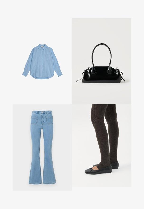 Camisa de botones azul claro con rayas verticales blancas, de mangas largas, un ajuste holgado y un bolsillo en el pecho. La tela parece suave y lisa.; Jeans acampanados de color azul claro con una cintura alta, cinco bolsillos y una textura de denim suave con costuras decorativas a lo largo de las costuras.; Piernas con leggings oscuros acanalados combinados con bailarinas negras que presentan pequeños detalles de lazo sobre un fondo blanco.; Pequeño bolso negro brillante con dos asas largas y detalles de cordón lateral sobre un fondo claro liso.