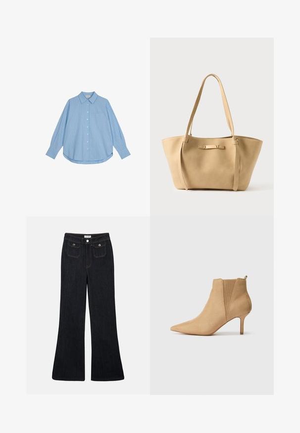 Camisa de botones azul claro con rayas verticales blancas, de mangas largas, un ajuste holgado y un bolsillo en el pecho. La tela parece suave y lisa.; Vaqueros de mezclilla oscuros de corte acampanado, con cintura alta, dos bolsillos delanteros y costuras naranjas. El material parece robusto y suave.; Botín de ante beige de punta afilada con un short tacón de aguja y paneles laterales elásticos para un fácil uso. Textura suave con líneas de diseño limpias.; Bolso tote de cuero beige con dos asas largas, textura suave y un sutil detalle metálico en el frente. Diseño con abertura superior, interior espacioso.