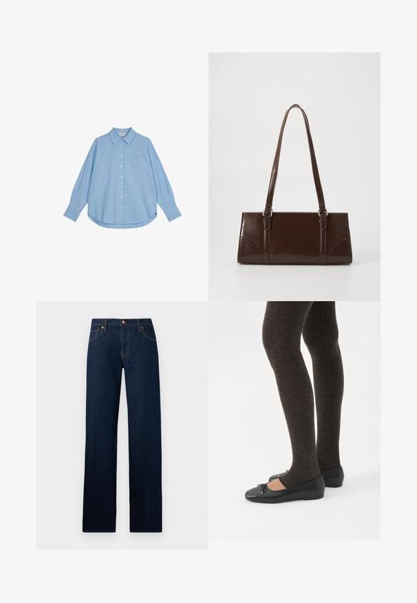 Camisa de botones azul claro con rayas verticales blancas, de mangas largas, un ajuste holgado y un bolsillo en el pecho. La tela parece suave y lisa.; Vaqueros de mezclilla azul oscuro con corte recto, cinco bolsillos, cierre de botón y costuras visibles amarillas en las costuras y las trabillas del cinturón.; Piernas con leggings oscuros acanalados combinados con bailarinas negras que presentan pequeños detalles de lazo sobre un fondo blanco.; Bolso de mano de piel sintética marrón con forma rectangular, dos asas largas y sutiles acentos curvados en la parte delantera.