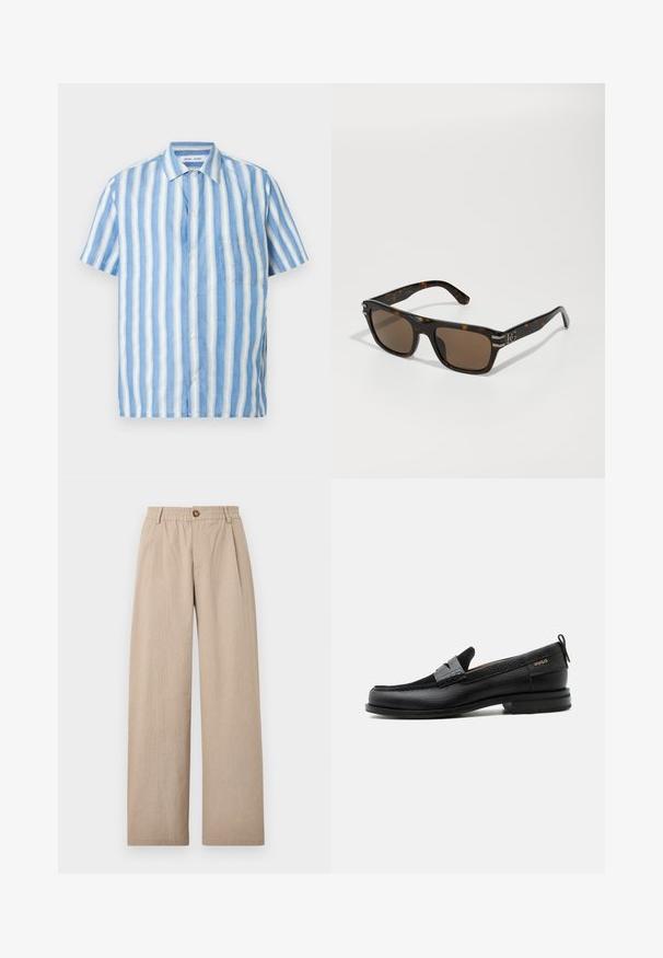 Chemise à manches courtes à rayures verticales bleu clair et blanc, en lin, avec col pointu et une poche poitrine unique.; Pantalons beige à large jambe avec une finition texturée, dotés de plis et d'une taille élastique, fixés par un bouton en bronze à l'avant.; Mocassin en cuir noir avec détail de bride grise, talon bas et semelle texturée, marqué "HUGO" en or sur le côté.; Lunettes de soleil écaille de tortue avec une monture rectangulaire, verres teintés marron, et accents en argent sur les branches, arborant un logo bien visible.
