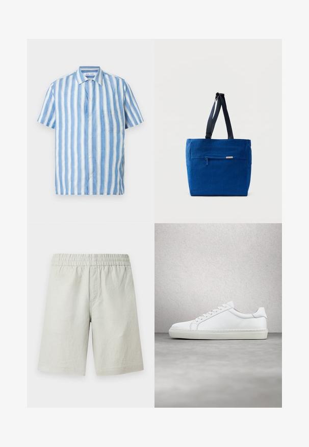 Chemise à manches courtes à rayures verticales bleu clair et blanc, en lin, avec col pointu et une poche poitrine unique.; Shorts gris clair en tissu texturé, avec une taille élastique et des poches latérales sur les coutures ; coupe droite.; Sneaker blanche avec une tige en cuir lisse et un profil bas. Présente un bout arrondi, six œillets et une semelle en caoutchouc texturé.; Sac fourre-tout en toile bleue avec une poche zippée à l'avant, des doubles bretelles et une forme rectangulaire. Dispose d'une étiquette de marque discrète.