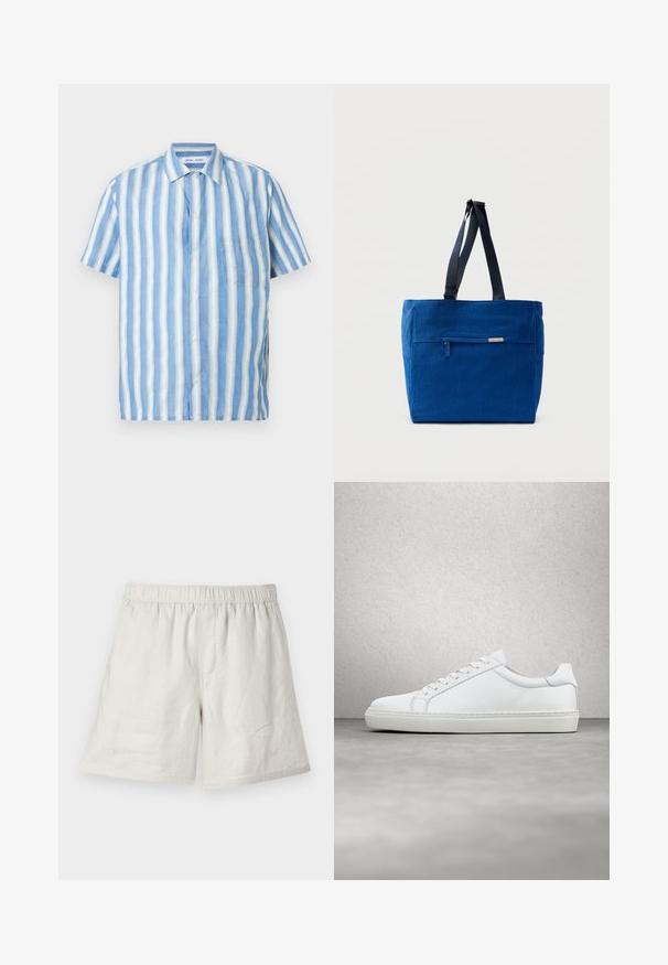 Kortærmet skjorte i lyseblå og hvide lodrette striber, lavet af hør med en spids krave og en enkelt brystlomme.; Lysbeige linnedshorts med elastisk talje, der har en afslappet pasform og minimale sømme for et simpelt, afslappet design.; Hvide sneakers med en glat læderoverdel og lav profil. Har en rund tå, seks snørehuller og en tekstureret gummisål.; Blå lærredstaske med lynlåslomme foran, dobbelte skulderremme og rektangulær form. Har en diskret mærkeetiket.