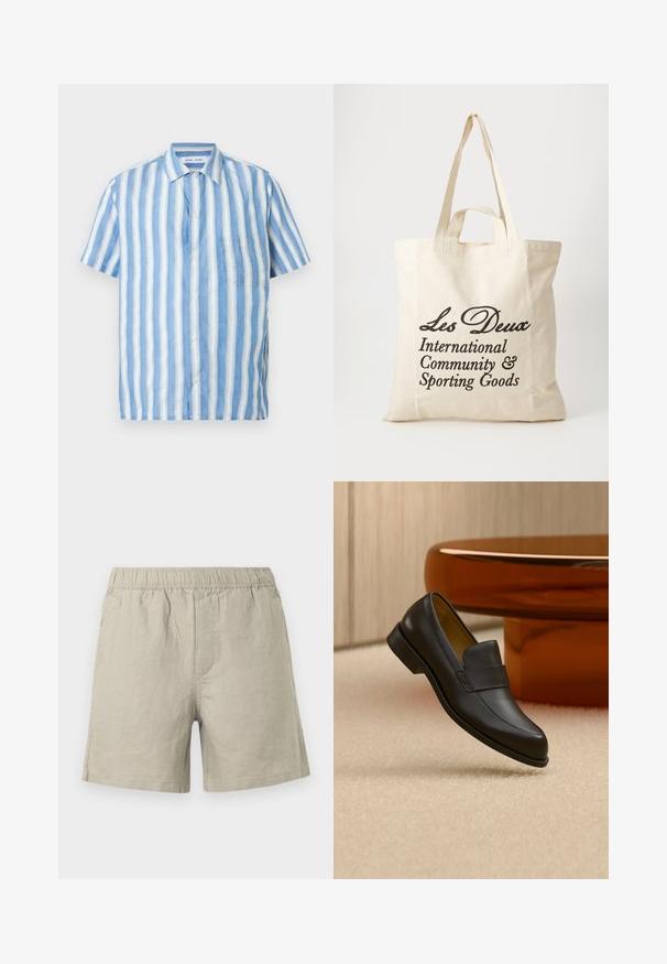 Kortærmet skjorte i lyseblå og hvide lodrette striber, lavet af hør med en spids krave og en enkelt brystlomme.; Lyse beige linnedshorts med elastisk taljebånd, med en lige pasform og sidelayoutsdetaljer. Glat, åndbar tekstur.; Sort læder loafers med lav hæl svævende over beige tæppe ved rundt brunt bord.; Beige bomulds tote bag med to kraftige håndtag. Har sort trykt tekst: "Les Deux International Community & Sporting Goods."