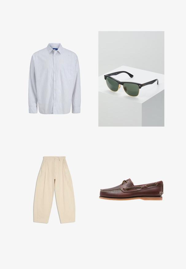 Chemise blanche à manches longues, à boutons, avec de fines rayures verticales rouges, une poche poitrine, un col et des poignets boutons.; Pantalon beige taille haute à jambes larges avec plis, poches latérales, passants pour ceinture et fermeture par bouton sur la ceinture avant.; Chaussure bateau en cuir marron avec coutures blanches, détails de lacets et semelle en caoutchouc beige, vue de côté sur fond blanc.; Lunettes de soleil Ray-Ban avec des verres verts, monture en plastique noir et accents dorés sur les bords. Forme carrée avec une finition mate.