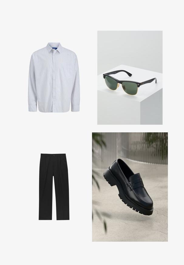 Chemise blanche à manches longues, à boutons, avec de fines rayures verticales rouges, une poche poitrine, un col et des poignets boutons.; Pantalons noirs au design droit, fabriqués à partir d'un tissu lisse. Dotés de plis sur le devant et d'une fermeture à un bouton à la taille.; Mocassins en cuir noir avec une semelle à crampons épaisse, dotés d'une sangle décorative et de détails de couture. Texture lisse avec une finition polie.; Lunettes de soleil Ray-Ban avec des verres verts, monture en plastique noir et accents dorés sur les bords. Forme carrée avec une finition mate.