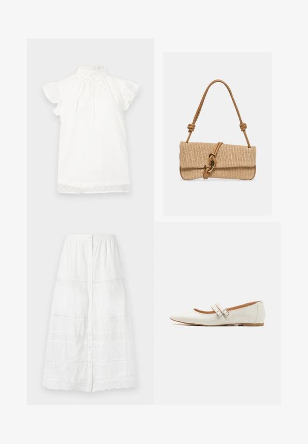 Top blanco de manga corta con un cuello alto fruncido y detalle de lazo. Presenta una tela texturizada con pequeños patrones de puntos y mangas con volantes.; Falda blanca de botón, hecha de una tela ligera, con un borde de encaje y patrones bordados en el dobladillo y las secciones medias.; Bailarinas de charol blanco con punta afilada, dos tiras decorativas con hebillas plateadas y una plantilla sutilmente marrón.; Bolso de mano rectangular tejido en color beige con asa de cuero marrón claro que presenta nudos y un cierre de gancho en tono dorado sobre un fondo liso.