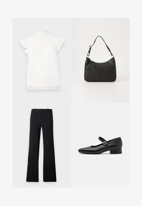 Top blanco de manga corta con un cuello alto fruncido y detalle de lazo. Presenta una tela texturizada con pequeños patrones de puntos y mangas con volantes.; Pantalones de campana negros con una textura suave, que presentan una cintura ajustada, lazos para cinturón y un diseño limpio que se extiende hasta un dobladillo amplio.; Zapatos Mary Jane de cuero negro con puntera de charol, correa de tobillo ajustable y tacón bajo. Textura suave y diseño elegante.; Bolso de mano de cuero negro con forma curvada, una sola correa, cierre de cremallera y marcas sutiles en la parte frontal. Textura suave, diseño minimalista.