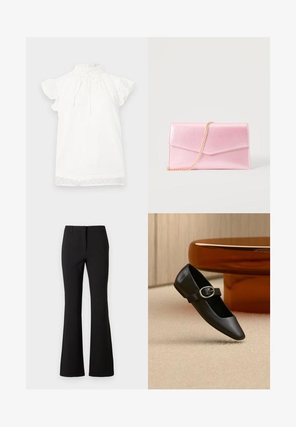 Haut blanc à manches courtes avec un col montant froncé et un détail de nœud. Doté d'un tissu texturé avec de petits motifs en pointillés et des manches volantes.; Pantalon évasé noir en tissu lisse, présentant un pli frontal, des passants de ceinture et une coupe ajustée. Design épuré sans motifs visibles.; Chaussure plate Mary Jane en cuir noir avec boucle argentée, exposée sur un tapis beige près d'un pied de table rond marron.; Pochette rectangulaire rose pâle avec rabat façon enveloppe et fine bandoulière chaîne dorée sur fond uni.