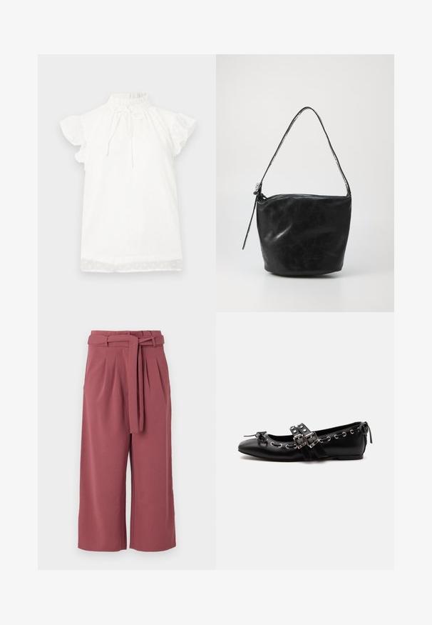Top blanco de manga corta con un cuello alto fruncido y detalle de lazo. Presenta una tela texturizada con pequeños patrones de puntos y mangas con volantes.; Pantalones de pierna ancha en color burdeos, hechos de tela ligera con cintura alta con cinturón, que presentan pliegues frontales y una textura suave.; Zapato de ballet plano negro con correas de doble hebilla, ojales plateados y un pequeño lazo cerca de la puntera redondeada sobre un fondo blanco.; Bolso de hombro negro de cuero con una textura suave, cierre de cremallera y una asa larga y redondeada. El bolso tiene una forma holgada y desestructurada.