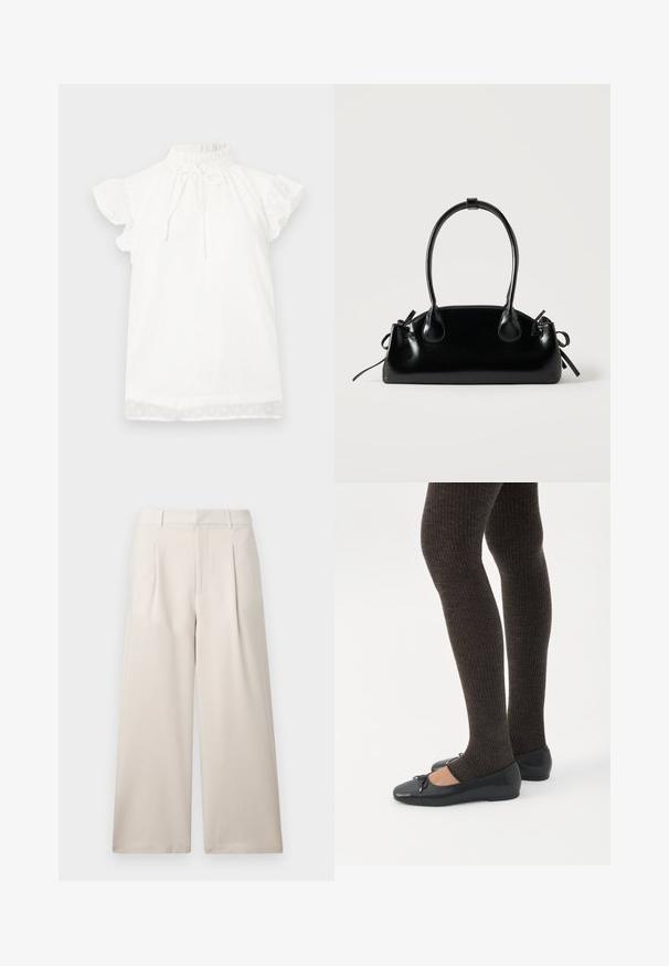 Witte top met korte mouwen, voorzien van een geplooide hoge hals en een strikdetail. Heeft een textuurstof met kleine stippenpatronen en gerimpelde mouwen.; ONLY ONLLANDO PLEAT CULOTTE PANT - Broek - pumice stone; Benen met donkere geribbelde leggings gecombineerd met zwarte ballerina's met kleine strikdetails op een witte achtergrond.; Kleine zwarte glanzende handtas met twee lange hengsels en zijkant trekkoord details op een effen lichte achtergrond.