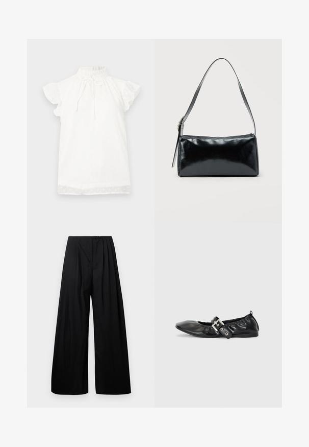 Top blanco de manga corta con un cuello alto fruncido y detalle de lazo. Presenta una tela texturizada con pequeños patrones de puntos y mangas con volantes.; Pantalones de pierna ancha negros con cintura alta, que cuentan con pliegues verticales y cierre de botón. Textura suave, diseño minimalista.; Zapato plano de piel negra con puntera afilada, detalle fruncido alrededor de la abertura y un acento de hebilla plateada en la correa ajustable.; Bolso de hombro rectangular negro con una correa ajustable y un cierre de cremallera superior sobre un fondo liso.