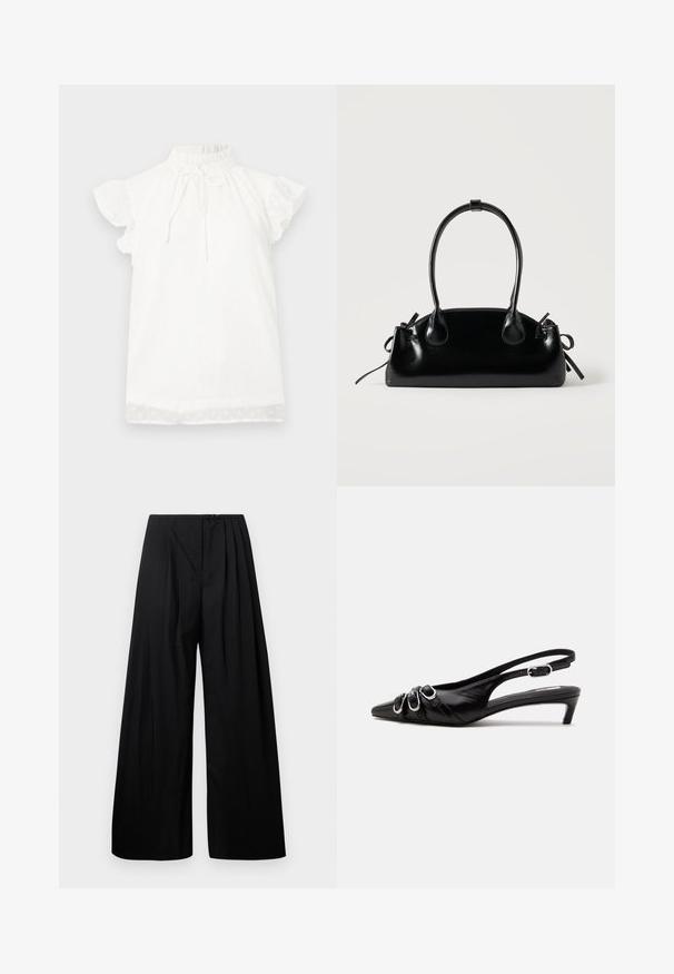 Top blanco de manga corta con un cuello alto fruncido y detalle de lazo. Presenta una tela texturizada con pequeños patrones de puntos y mangas con volantes.; Pantalones de pierna ancha negros con cintura alta, que cuentan con pliegues verticales y cierre de botón. Textura suave, diseño minimalista.; Zapato slingback de cuero negro con punta puntiaguda, tres hebillas plateadas en la parte delantera y tacón bajo tipo «kitten» sobre fondo blanco.; Pequeño bolso negro brillante con dos asas largas y detalles de cordón lateral sobre un fondo claro liso.