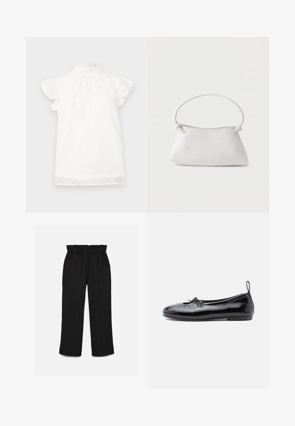 Top blanco de manga corta con un cuello alto fruncido y detalle de lazo. Presenta una tela texturizada con pequeños patrones de puntos y mangas con volantes.; Pantalones negros de pierna ancha con cintura alta elástica y bolsillos delanteros de parche, hechos de tela texturizada.; Bailarinas de charol negro con punta redonda, pequeño detalle de lazo y textura suave; cuentan con una suela plana baja y una pestaña en el talón.; Bolso de mano de cuero blanco tejido con asa redondeada y extremos de la correa anudados, exhibido sobre un fondo liso.