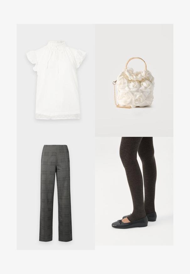 Top blanco de manga corta con un cuello alto fruncido y detalle de lazo. Presenta una tela texturizada con pequeños patrones de puntos y mangas con volantes.; Pantalones de cuadros ajustados con base gris, que presentan un diseño de cuadros en blanco y negro, cintura alta y corte recto. Textura suave.; Piernas con leggings oscuros acanalados combinados con bailarinas negras que presentan pequeños detalles de lazo sobre un fondo blanco.; Bolso blanco adornado con rosas de tela, con un asa circular dorada y una correa de cadena dorada sobre un fondo liso.