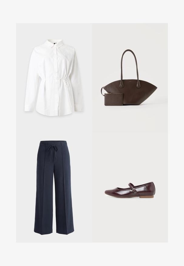 Chemise blanche à manches longues, boutonnée, avec col et fine ceinture ajustable à la taille, présentée sur un fond uni clair.; Pantalon ample bleu marine avec plis à l'avant et ceinture en tissu nouée à la taille sur un fond clair uni.; Chaussure plate Mary Jane bordeaux avec bout arrondi, finition brillante, bride latérale ajustable avec boucle argentée et semelle basse couleur tan.; Sac à main en cuir marron foncé avec longues poignées et petite pochette assortie zippée sur un fond clair uni.