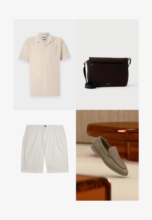 Korte mouwen beige shirt van zachte stof met een knoopsluiting aan de voorkant, met een klassieke kraag en subtiele textuur.; Lichtbeige shorts tot over de knie met steekzakken aan de voorkant, riemlussen, knoopsluiting en een nette, gladde stof.; Beige suède instapschoen met zichtbare stiksels en lichte zool, geplaatst bovenop een crèmekleurig tapijt, met oranje doorschijnend meubilair op de achtergrond.; Donkerbruine stoffen boodschappentas met verstelbare zwarte riem en klein zilveren "BOSS"-logo op de voorflap.