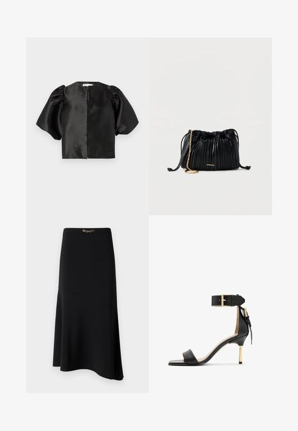 Zwart satijnen cropped top met opgeblazen korte mouwen en een opening aan de voorkant. Glad oppervlak met een glanzende afwerking, minimalistisch ontwerp.; Zwarte midi-rok met een A-lijn vorm, gemaakt van zachte stof, met een decoratieve gouden kettingaccent bij de tailleband.; Zwarte leren sandalen met hak en vierkante neus, enkelband met een gouden gesp en een slanke metalen hak. Soepele textuur, minimalistisch ontwerp.; Zwarte plissé leren handtas met trekkoord, gouden kettingriem en een klein horizontaal gouden accent aan de voorkant.