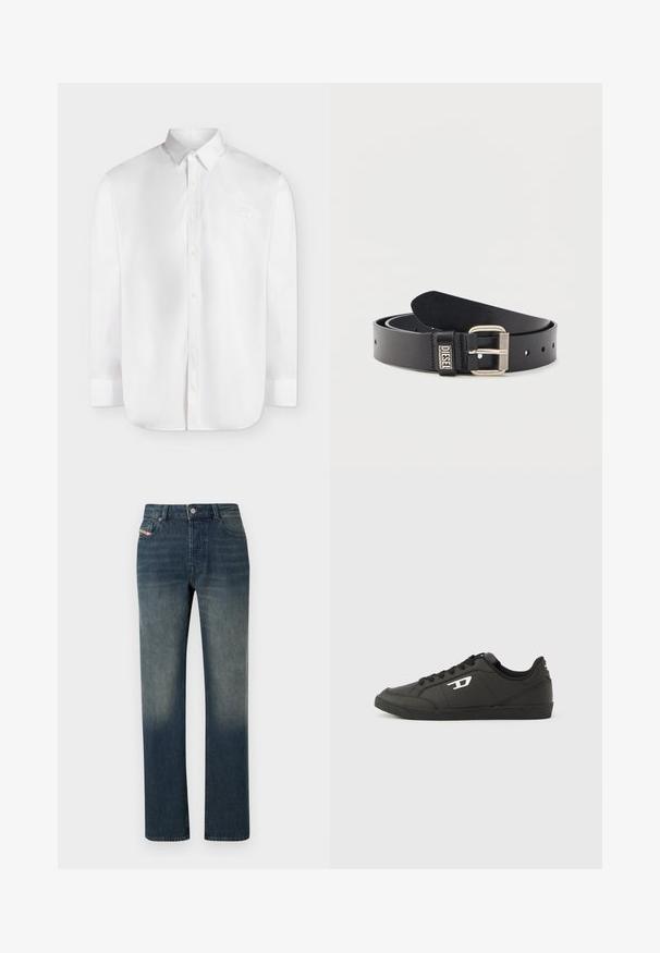 Chemise blanche à manches longues, boutonnée, avec col et petit logo embossé sur la poitrine gauche.; Jean en denim bleu à jambe droite avec lavage délavé, fermeture avant par bouton et fermeture éclair, et design à cinq poches.; Baskets synthétiques noires avec une semelle noire texturée, un bout rond et des lacets plats noirs. Logo blanc remarquablement placé sur le côté extérieur.; Ceinture en cuir noir enroulée avec une boucle en métal argenté et le logo "DIESEL" sur la boucle de ceinture, présentée sur un fond clair uni.