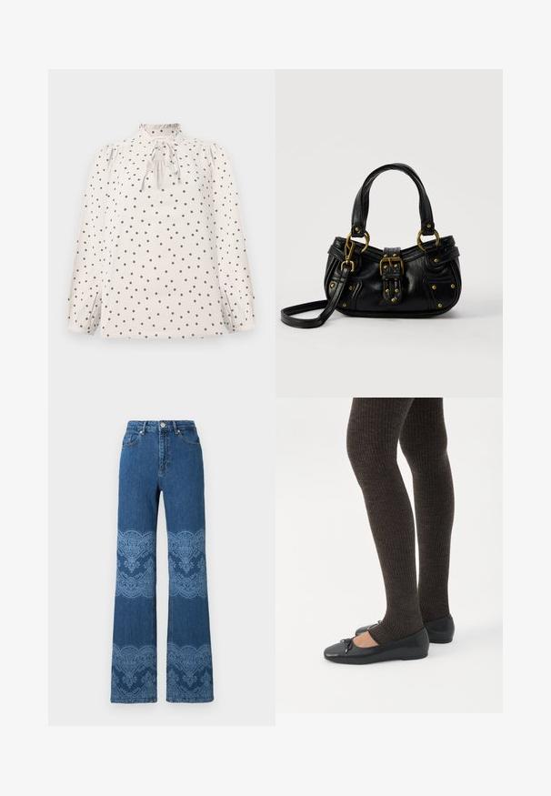 Blouse crème à pois noirs, manches longues bouffantes, col à volants froncés et détail de nœud à l'avant.; Jeans bleus taille haute à jambes droites avec motifs floraux bleu clair et motifs en dentelle sur les cuisses et les mollets, boutons à l'avant et poches.; Jambes portant des leggings côtelés foncés associés à des ballerines noires avec de petits détails en nœud sur fond blanc.; Sac à main en cuir noir avec boucle dorée et détails à rivets, poignées courtes et bandoulière réglable sur fond blanc uni.