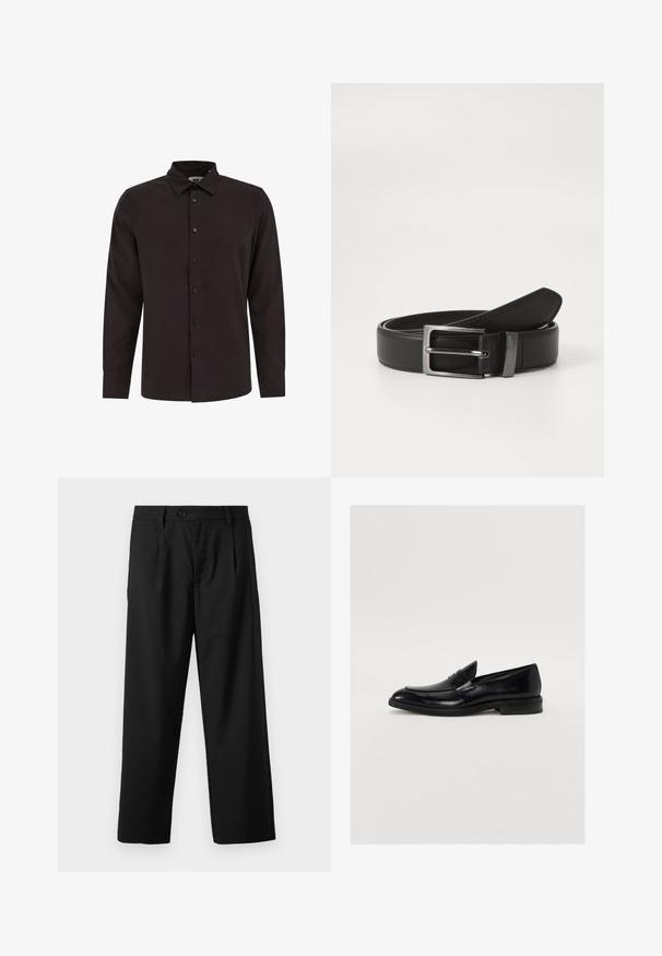 Chemise noire à manches longues, boutonnée, en tissu lisse avec un col, une patte de boutonnage à l'avant et des poignets standards. Aucun motif ou design visible.; Pantalons noirs à coupe droite, avec une fermeture à un bouton, deux poches avant et une texture de tissu lisse et léger.; Mocassin en cuir noir avec une pointe arrondie, des coutures discrètes et une finition lisse. Doté d'un talon bas empilé et d'une sangle sur le cou-de-pied.; Ceinture en cuir noir avec une boucle en métal argenté, présentant une finition lisse et un design classique. La ceinture est soigneusement pliée.