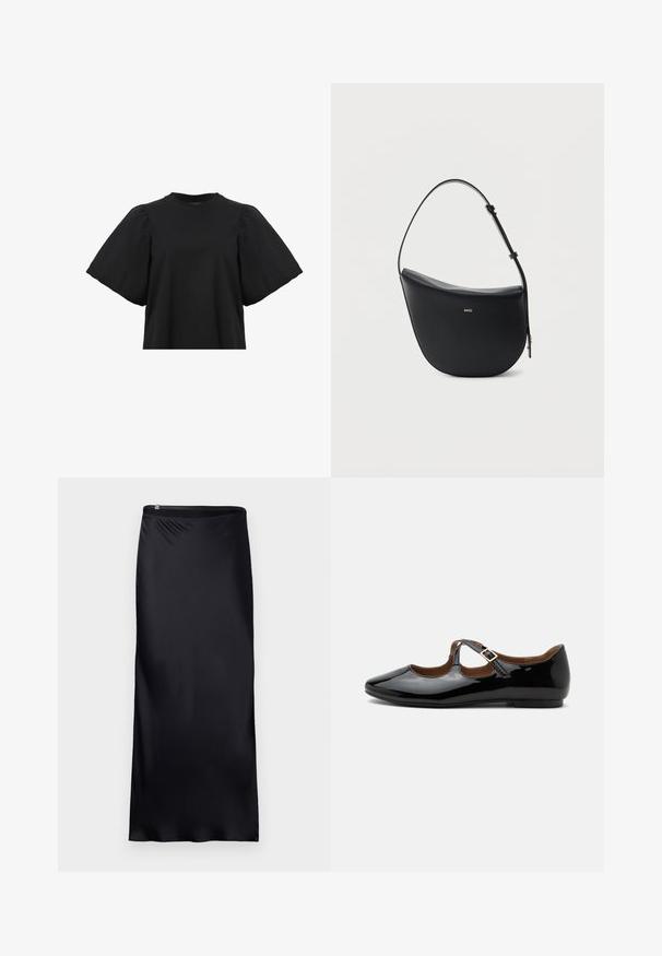 AllSaints JESS TEE - Blouse - black; Jupe noire, longue jusqu'au sol, fabriquée à partir d'un tissu lisse et léger. Présente un design simple avec une taille sans couture et un détail de fermeture éclair.; Chaussure plate Mary Jane en cuir verni noir avec deux découpes et une bride à boucle dorée sur fond blanc.; Sac à bandoulière en cuir noir en forme de demi-lune avec une bandoulière réglable et le logo doré « BOSS » centré sur le devant.