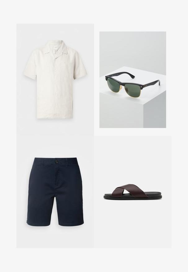 Chemise en lin blanche à manches courtes, boutonnée, avec col classique et logo discret sur la poitrine, présentée sur fond uni.; Shorts bleu marine en coton, dotés d'une fermeture à bouton et à fermeture éclair, d'un devant plat et de poches latérales avec une texture lisse.; Sandale à glissière à lanières croisées de couleur marron, dotée d'une finition mate, d'une semelle noire plate et d'une texture lisse. Design minimaliste sans matériel visible.; Lunettes de soleil Ray-Ban avec des verres verts, monture en plastique noir et accents dorés sur les bords. Forme carrée avec une finition mate.