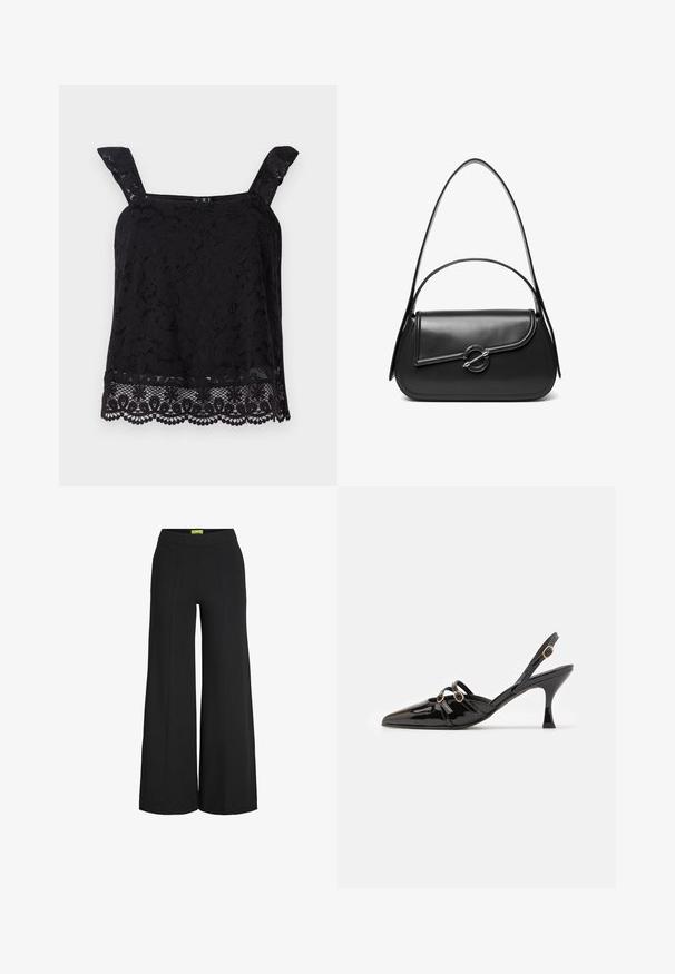 Top en dentelle noire avec larges bretelles, motif floral, ourlet festonné et tissu texturé. Présente des détails complexes au bord inférieur.; Pantalon noir à jambes larges avec taille haute et détails de coutures verticales à l'avant.; ALOHAS JOELLE ONIX - Escarpins - black; Sac à bandoulière en cuir noir avec un rabat incurvé fermé par un fermoir métallique rond et une sangle fine et ajustable.