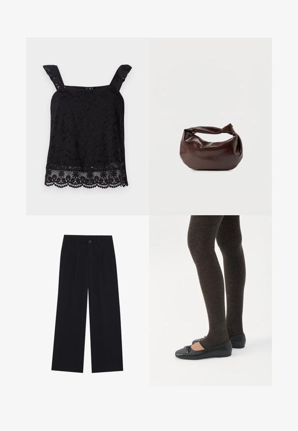 Top en dentelle noire avec larges bretelles, motif floral, ourlet festonné et tissu texturé. Présente des détails complexes au bord inférieur.; Pantalons larges noirs en tissu lisse. Comprend des plis à l'avant, une fermeture à bouton et des poches latérales. Design simple sans motifs.; Jambes portant des leggings côtelés foncés associés à des ballerines noires avec de petits détails en nœud sur fond blanc.; Sac bandoulière en cuir marron foncé avec une forme souple et décontractée et une anse nouée torsadée sur un fond blanc uni.