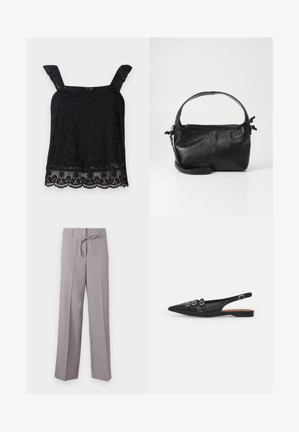 Top en dentelle noire avec larges bretelles, motif floral, ourlet festonné et tissu texturé. Présente des détails complexes au bord inférieur.; Pantalons larges gris clair en tissu doux, avec une taille à cordon et des plis marqués pour un ajustement structuré.; Chaussure plate noire en cuir avec un bout pointu, dotée de deux lanières horizontales et de boucles carrées en argent, avec un faible talon et une texture lisse.; Sac à main en cuir noir au design structuré, avec une poignée arrondie et une bandoulière amovible. Présente une texture lisse et un éclat subtil.