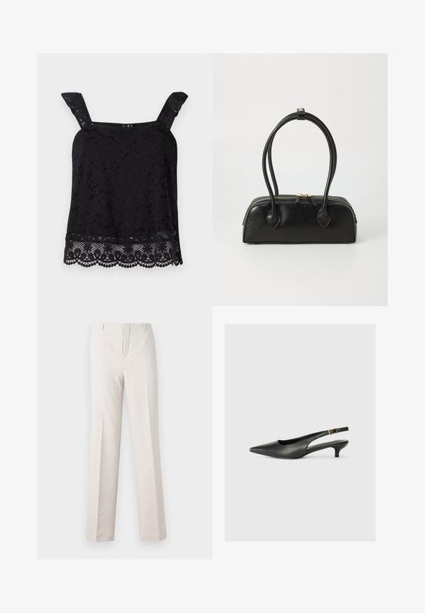 Top en dentelle noire avec larges bretelles, motif floral, ourlet festonné et tissu texturé. Présente des détails complexes au bord inférieur.; Pantalons beige sur mesure avec une coupe droite, présentant une texture lisse, deux poches avant et sans détails matériels visibles.; Chaussure slingback noire à bout pointu en cuir lisse. Présente un talon fin et un détail de boucle sur la sangle réglable.; Sac à main en cuir noir avec deux anses allongées, fermeture éclair et forme arrondie ; texture lisse avec une finition légèrement brillante.