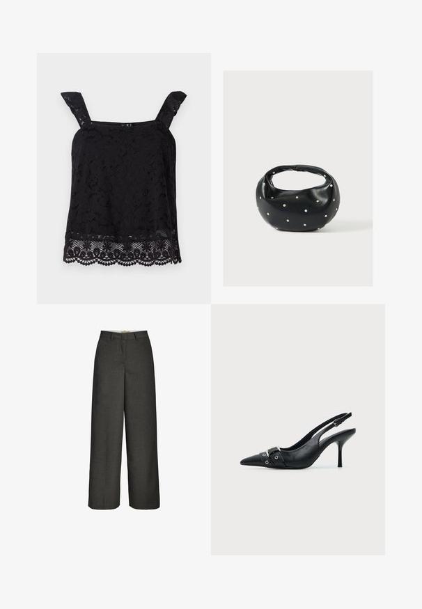Top en dentelle noire avec larges bretelles, motif floral, ourlet festonné et tissu texturé. Présente des détails complexes au bord inférieur.; Pantalon gris foncé à jambes larges avec passants de ceinture et fermeture éclair frontale, présenté sur un fond blanc.; Escarpin slingback à talon haut en cuir noir avec bout pointu, boucle et détail de bride œillet à l'avant.; Sac à main en cuir noir de forme arrondie, décoré de clous argentés et équipé d'une poignée courte. Texture lisse et fermeture éclair.