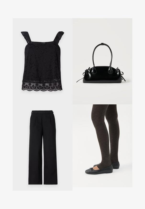 Top en dentelle noire avec larges bretelles, motif floral, ourlet festonné et tissu texturé. Présente des détails complexes au bord inférieur.; Pantalons larges noirs en mélange de coton, avec des plis en façade, deux boutons à la taille et une texture lisse.; Jambes portant des leggings côtelés foncés associés à des ballerines noires avec de petits détails en nœud sur fond blanc.; Petit sac à main noir brillant avec deux longues anses et des détails à cordon sur les côtés sur un fond clair uni.