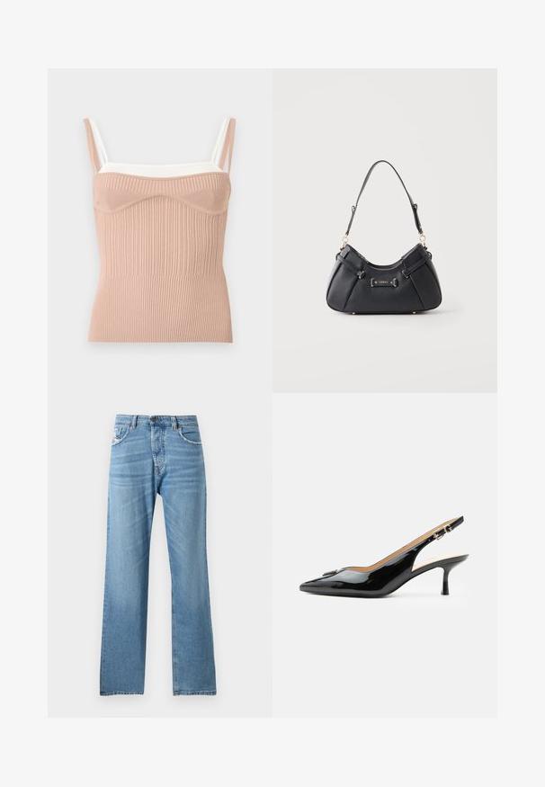 Haut en maille côtelée sans manches avec bonnets moulés en beige et bretelles doubles blanches, conçu pour une coupe ajustée.; Jeans en denim bleu clair avec une coupe droite, dotés d'une taille standard, de cinq poches et d'un léger dégradé sur le tissu.; Escarpin slingback en cuir verni noir avec bout pointu, petit talon kitten et bride à boucle argentée sur fond blanc uni.; Sac à épaule en cuir noir avec garnitures dorées et plaque à logo Guess, muni d’une bandoulière unique et d’une fermeture éclair sur le dessus.