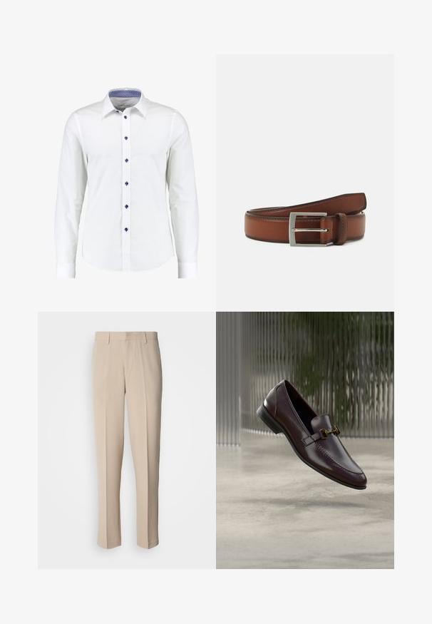 White long-sleeve shirt with a button-down collar, featuring blue accent buttons and a blue checkered pattern inside the collar.; Beige tailored trousers with a straight cut, made from a smooth fabric. Features a flat front and standard waistband with belt loops.; Brown leather loafer with a smooth finish, square toe, and gold-tone hardware accent. Features a low heel and subtle stitching details.; Brown leather belt with a silver rectangular buckle, featuring subtle stitching details and a smooth texture.