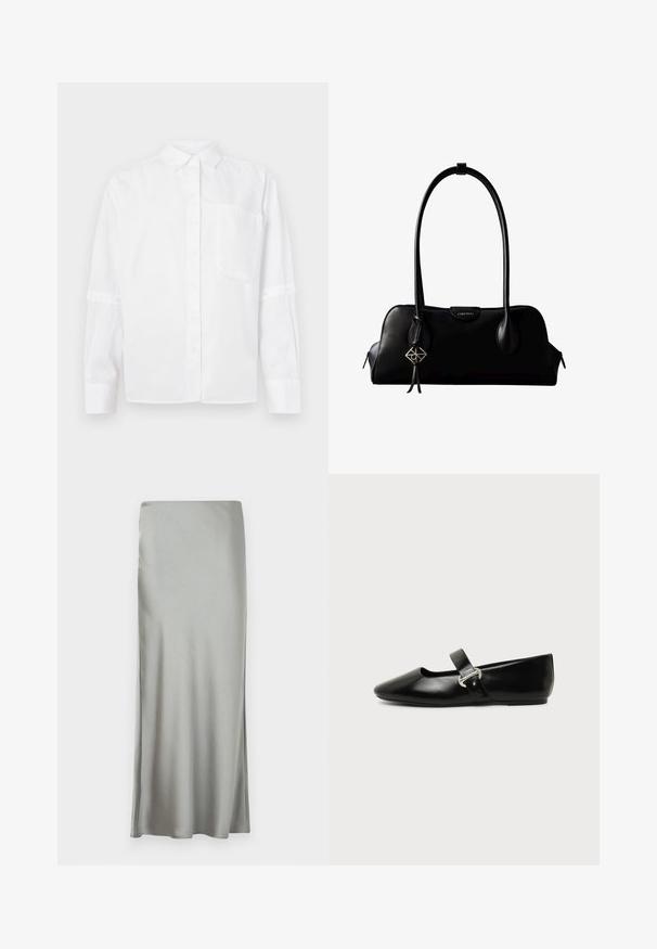 Hvid skjorte med krave, enkelt brystlomme, og lange ærmer med trykknapmanchetter. Glat tekstur, klassisk design.; Lys grå, satin maxi-nederdel med en glat tekstur og sideslids, designet med en lige skæring for en flydende silhuet.; Sort læder Mary Jane-flad sko med rundet tå og sølvspænde på ensfarvet baggrund.; Sort lædertaske fra Calvin Klein med lange håndtag, en forside-logo-tag og en sølv geometrisk vedhæng, der hænger fra det ene håndtag.