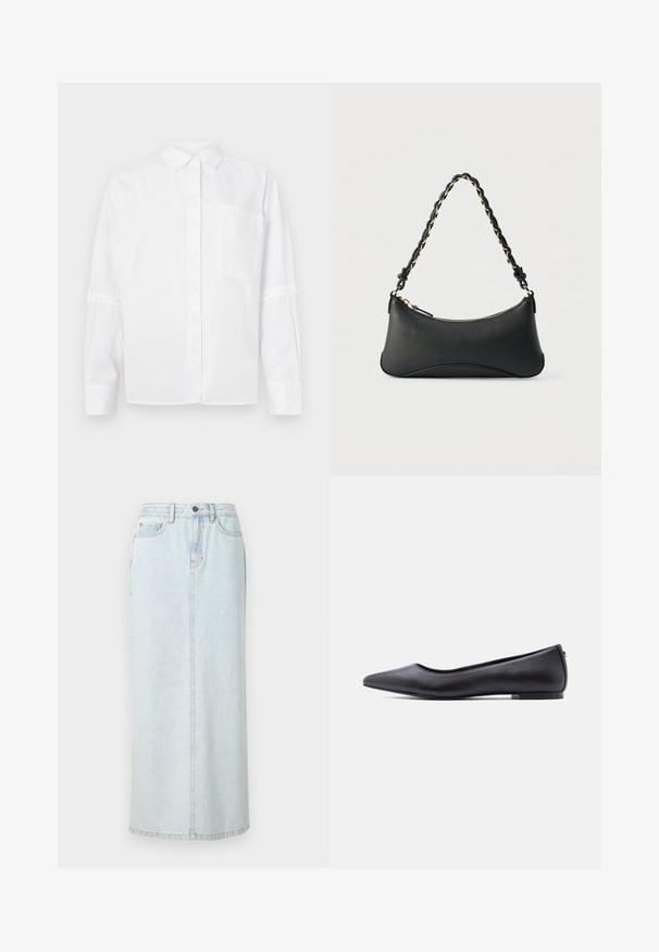 Hvid skjorte med krave, enkelt brystlomme, og lange ærmer med trykknapmanchetter. Glat tekstur, klassisk design.; Lyseblå denim maxi-nederdel med lige design, frontknaplukning og synlige syninger. Har to frontlommer.; Sort flad lædersko med spidst tåparti og lav hæl, vist i sideprofil mod en hvid baggrund.; Sort skuldertaske i læder med en buet rektangulær form, gyldent kæde vævet ind i en flettet sort rem og toplynlås.