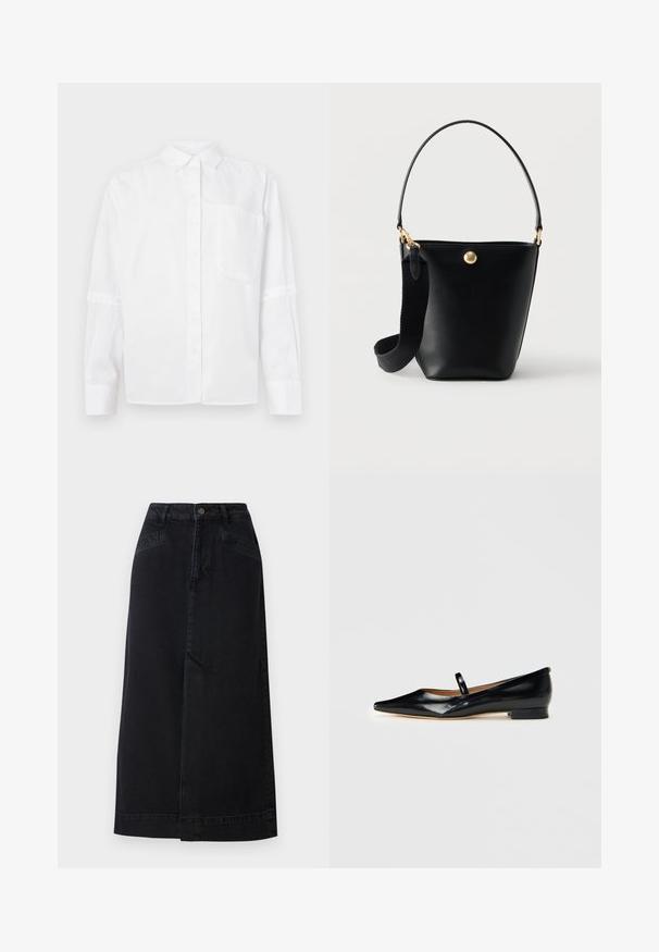 Hvid skjorte med krave, enkelt brystlomme, og lange ærmer med trykknapmanchetter. Glat tekstur, klassisk design.; Sort denim midi nederdel med en lige pasform, frontlukning med knapper og sidelommer med diskrete syninger.; Sorte patenterede læder Mary Jane flade sko med spids tå, én rem og lav hæl på ensfarvet baggrund.; Sort læder bucket taske med kort håndtag og bred aftagelig stofskulderrem, med en lille rund guldemblem foran.