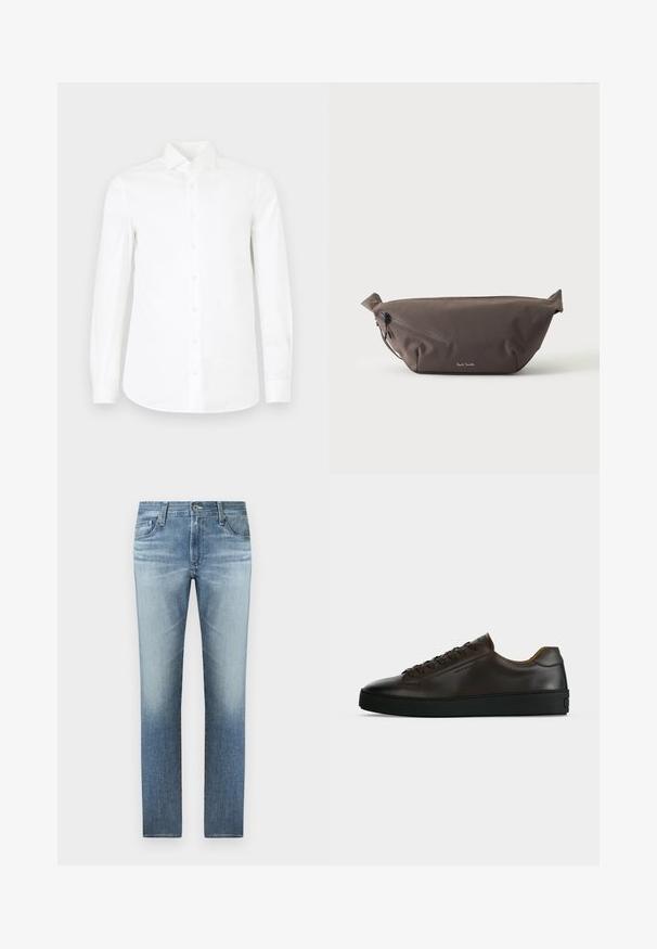 Weißes Langarm-Hemd mit Knöpfen aus glattem Baumwollstoff. Verfügt über einen spitzen Kragen, eine durchgehende Knopfleiste und eine leicht taillierte Silhouette.; Helleblaue Jeans aus Denim mit geradem Bein, ausgestattet mit einem ausgewaschenen Finish, fünf Taschen und einem Reißverschluss mit metallischem Knopfverschluss.; Flach geschnittener dunkelbrauner Ledersneaker mit schwarzer Gummisohle, Schnürung vorne und schlicht-minimalistischem Design auf hellem Hintergrund.; Dunkelbraune Stoff-Gürteltasche mit diagonalem Reißverschlussfach und kleinem weißen Logo vorne, vor einem einfarbigen hellen Hintergrund.