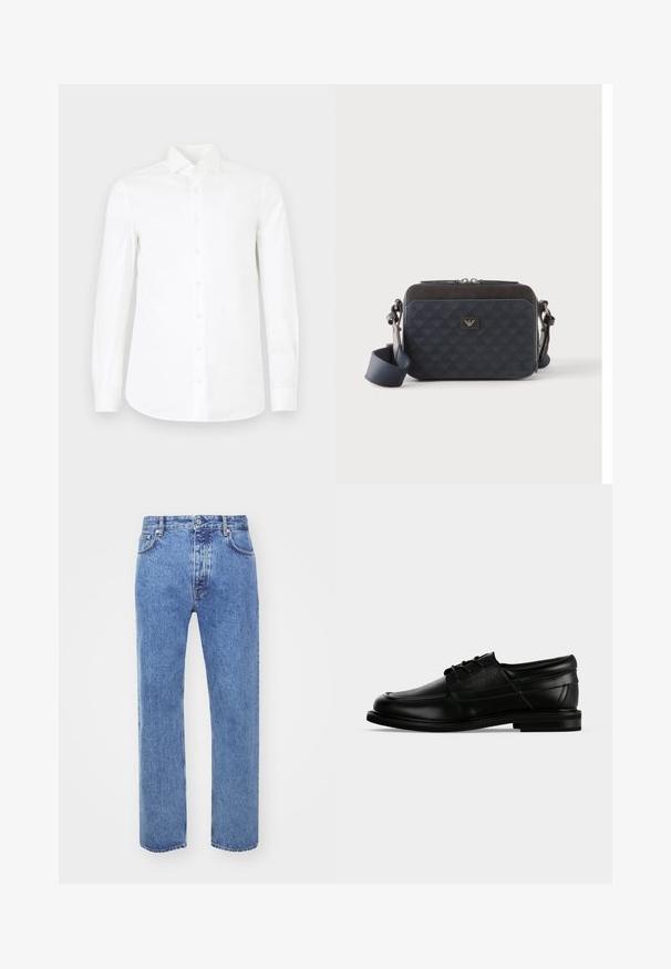 Witte lange mouwen overhemd met knopen gemaakt van zachte katoen. Bevat een gepunte kraag, volledige knoopsluiting aan de voorkant en een licht taperende taille.; Won Hundred STEVE - Relaxed fit jeans - cut blue; Zwarte leren herenschoen met veters, lage hak en een aangebrachte merknaam aan de zijkant, weergegeven in zijaanzicht op een witte achtergrond.; Rechthoekige donkerblauwe crossbodytas met verstelbare riem, ritssluiting en subtiel logopatroon op het voorpaneel.