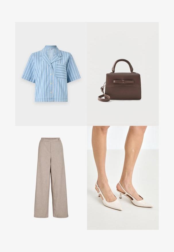 Sinine triibuline lühikeste varrukatega särk, millel on kraega kaelus, nööbiga esikinnitage ja rinna tasku. Valmistatud kergest denimmaterjalist.; Beezid laiad püksid, mis on valmistatud kergest kangast. Omab sileda tekstuuri, istuv vöökoht ja küljetaskud funktsionaalseks detailiks.; Beesek patentnaha slingback kontsad 5 cm kontsaga, millel on terav nina ja lõigatud külgedega ning õhuke pahkluu rihm.; Väike pruun nahast käekott ülemise sangaga, eemaldatava õlarihma ja esiklapiga, mida rõhutab horisontaalne nahkrihm.