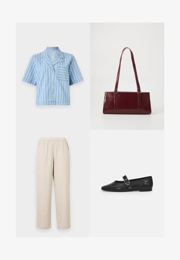 Blau gestreiftes Kurzarmhemd mit Kragen, Knopfverschluss vorne und Brusttasche. Hergestellt aus leichtem Jeansstoff.; Beige Leinenhosen mit einem elastischen Bund, seitlichen Taschen, geraden Beinen und einer strukturierten Stoffoberfläche.; Schwarzer Lederflatschuh mit runder Zehenform, einem verstellbaren Schnallenriemen und einer glatten, glänzenden Oberfläche. Minimalistisches Design mit einem niedrigen Absatz.; Burgunderfarbene Handtasche aus glänzendem Material, rechteckige Form, mit zwei Schulterriemen und subtilen, geschwungenen Akzenten an der Vorderseite.