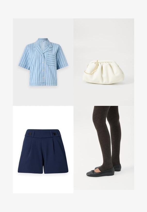 Blau gestreiftes Kurzarmhemd mit Kragen, Knopfverschluss vorne und Brusttasche. Hergestellt aus leichtem Jeansstoff.; Tiefblau zugeschnittene Shorts aus leichtem Stoff, mit zwei vorderen Falten und zwei schwarzen Knöpfen am Bund.; Beine in dunklen, gerippten Leggings kombiniert mit schwarzen Ballerinas mit kleinen Schleifendetails auf weißem Hintergrund.; Weiße Lederhandtasche mit einem gerafften Design, ausgestattet mit einem goldenen Kettenriemen und einer runden Form. Glatte Textur mit sanften Falten und ohne Muster.