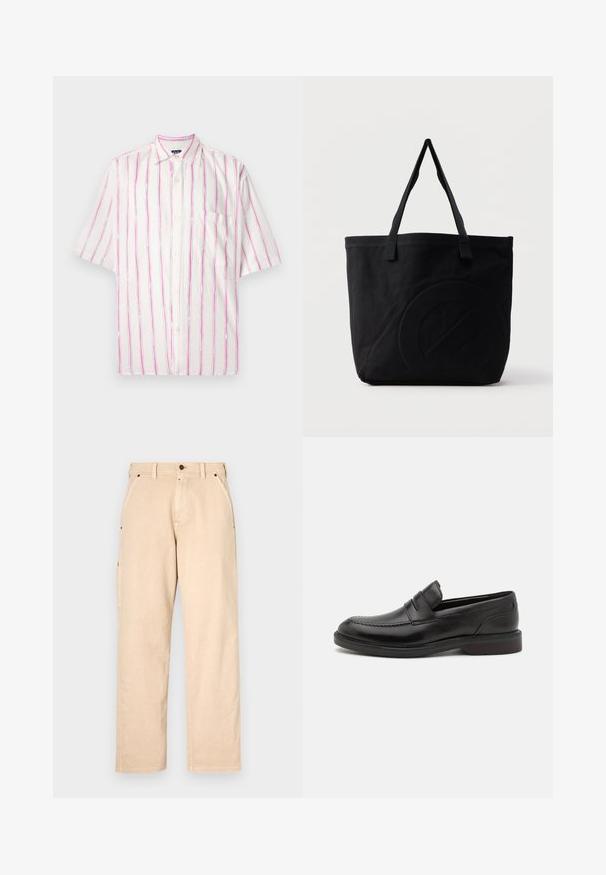 Chemise à manches courtes boutonnée en tissu blanc avec des rayures verticales rose et vert. Elle présente une poche du côté gauche.; Pantalon en coton beige avec une coupe droite, doté de poches latérales, de passants de ceinture et d'une fermeture à bouton à l'avant. Texture lisse, design minimaliste.; Mocassins en cuir noir avec un détail de couture à l'avant, deux sangles horizontales sur le dessus, et un talon en bois. Texture lisse et forme arrondie.; Sac fourre-tout en toile noire avec deux bandoulières et un motif circulaire discret en relief sur le devant.