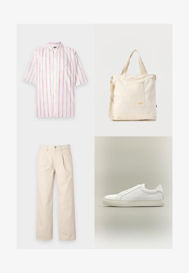 Chemise à manches courtes boutonnée en tissu blanc avec des rayures verticales rose et vert. Elle présente une poche du côté gauche.; Pantalons larges beiges à taille haute, avec des plis avant, une fermeture à bouton sur le devant et un tissu en coton lisse.; Baskets blanches basses à lacets sur l’avant et semelle épaisse, vues de côté sur un fond neutre.; Sac fourre-tout en toile crème avec poche avant, deux poignées, bandoulière réglable et petit texte jaune "O.N.S" en bas à droite de la poche.
