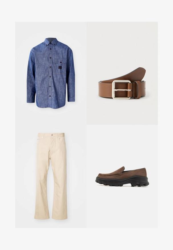 Blauwe denim overhemd met lange mouwen, een button-down kraag, een borstzak aan de voorkant en een subtiele textuur. Voorzien van donkere knopen en contrasterende stiksels.; Beige broek van katoen, met een rechte pijp, twee voorkruiden, ceintuurlussen en een metalen knoopsluiting.; Bruine suede instapper met een dikke zwarte rubberen zool, voorzien van gedurfde profielpatronen en een gladde, ronde neusdesign.; Bruine leren riem met een zilverkleurige rechthoekige gesp, met een gladde textuur en een licht taps toelopend uiteinde.